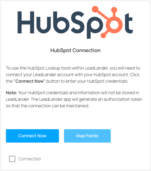 Screenshot of HubSpot Connection options in LeadLander